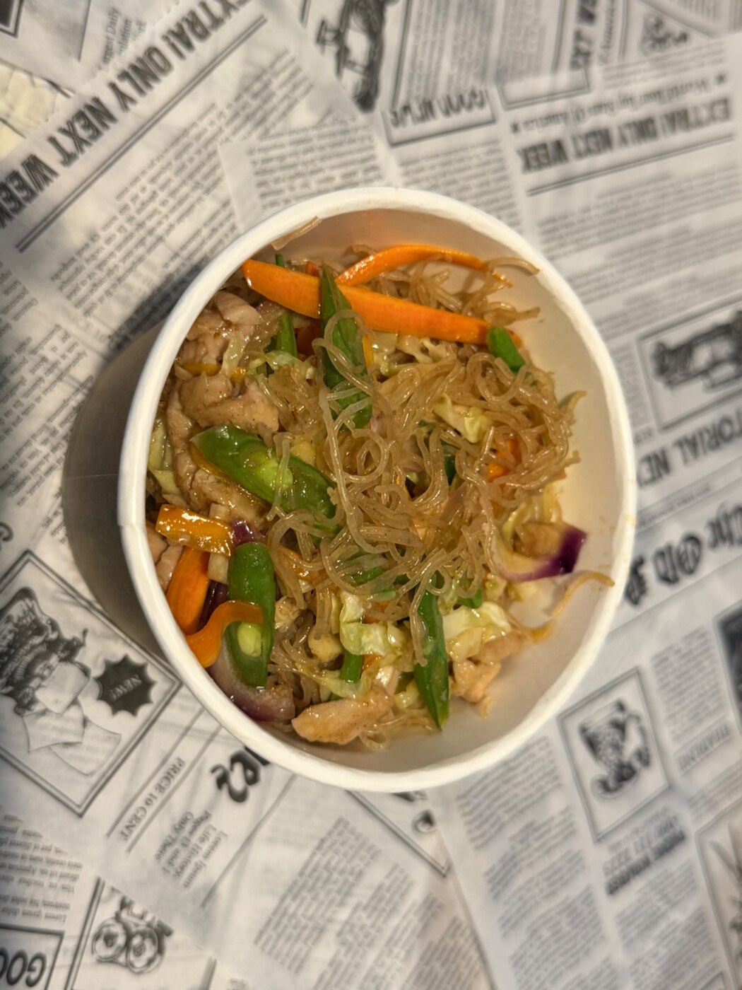 Filipino Fusion pancit bihon with chicken and Chinese BBQ pork